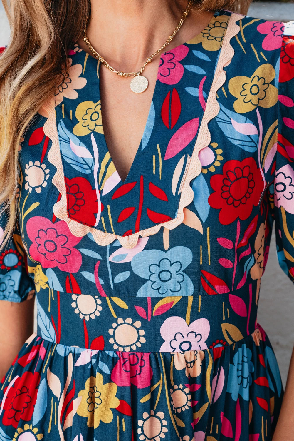 Green Retro Floral Printed Split Neck Maxi Cotton Dress