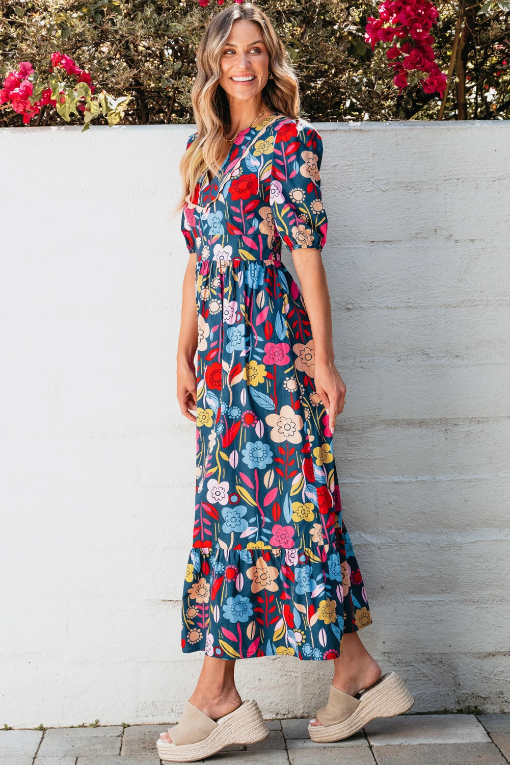 Green Retro Floral Printed Split Neck Maxi Cotton Dress