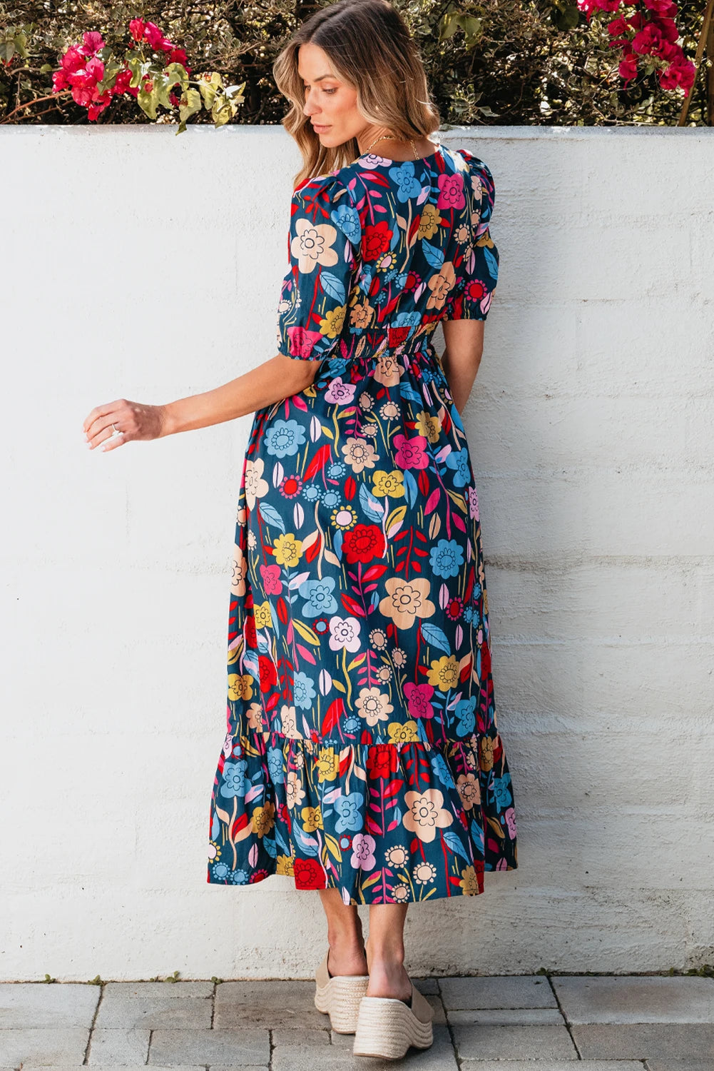 Green Retro Floral Printed Split Neck Maxi Cotton Dress