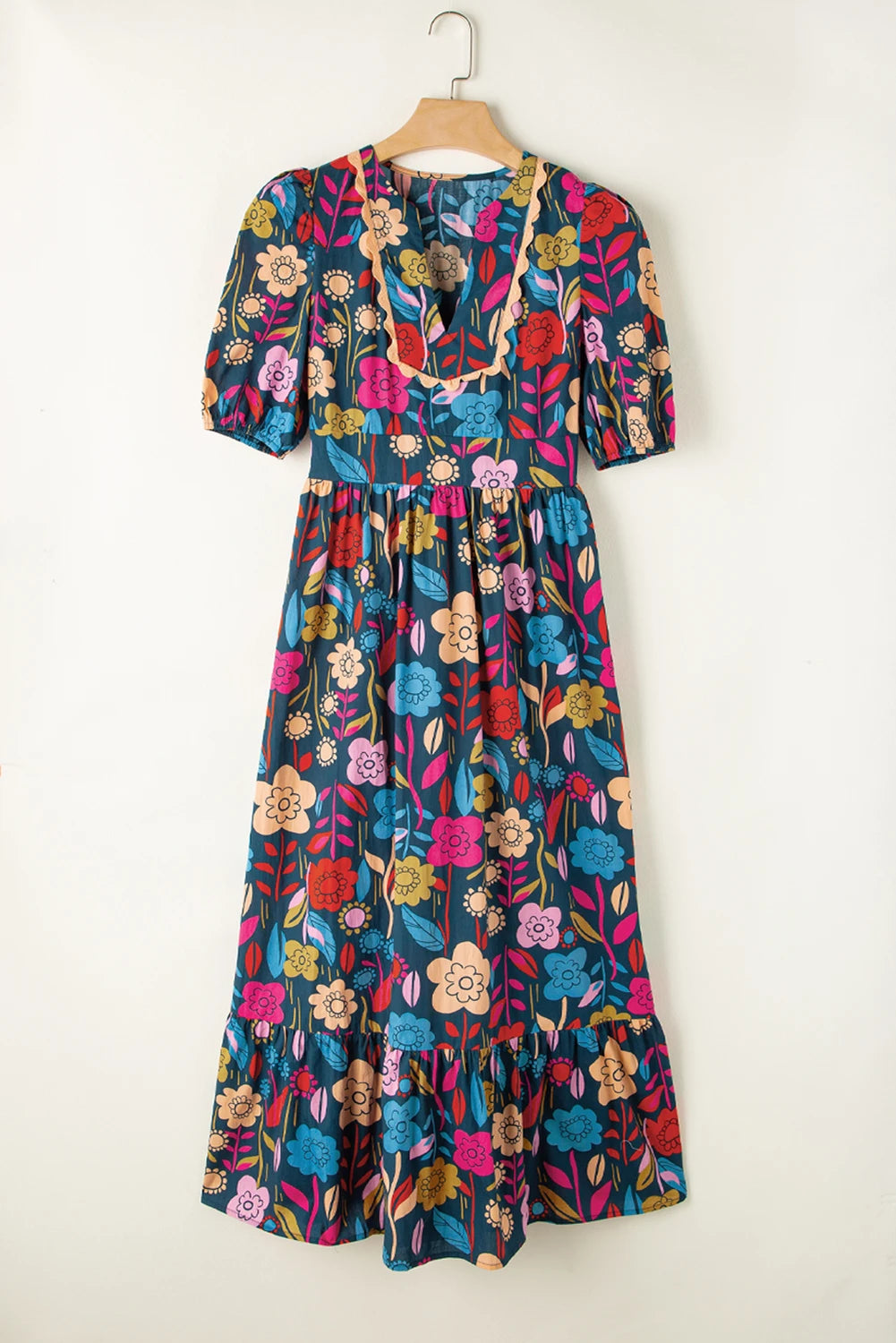 Green Retro Floral Printed Split Neck Maxi Cotton Dress