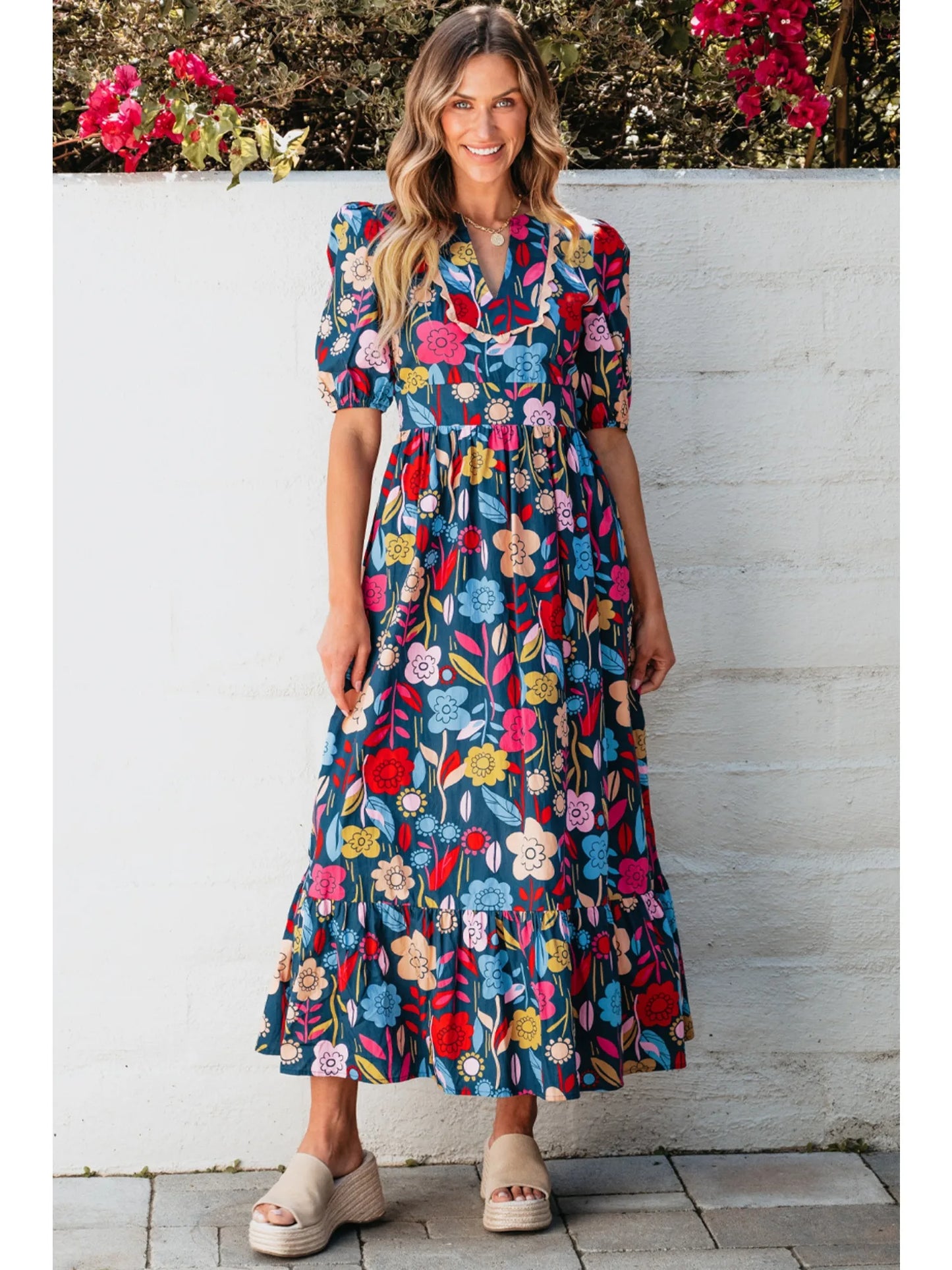 Green Retro Floral Printed Split Neck Maxi Cotton Dress