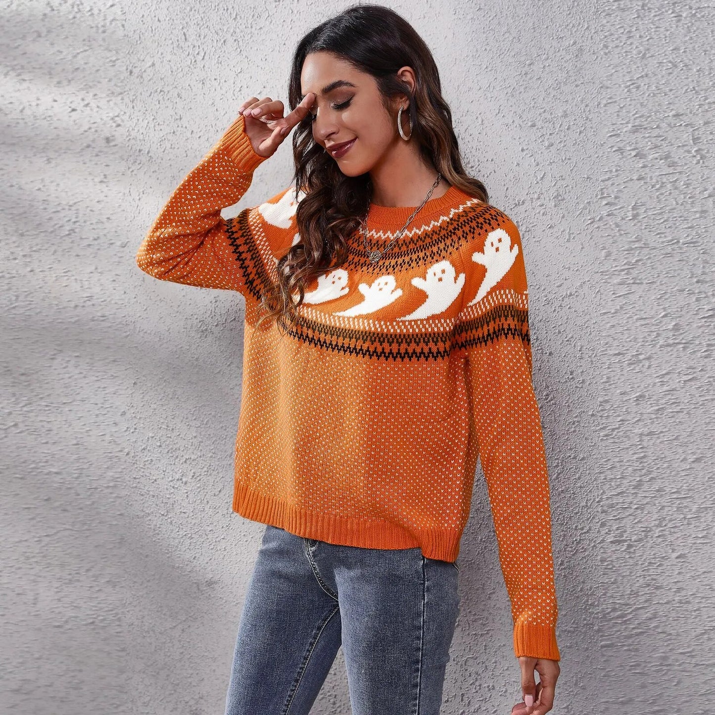 Halloween Ghost Vintage Polka Dot Long Sleeve Knitted  Loose Women's Sweater