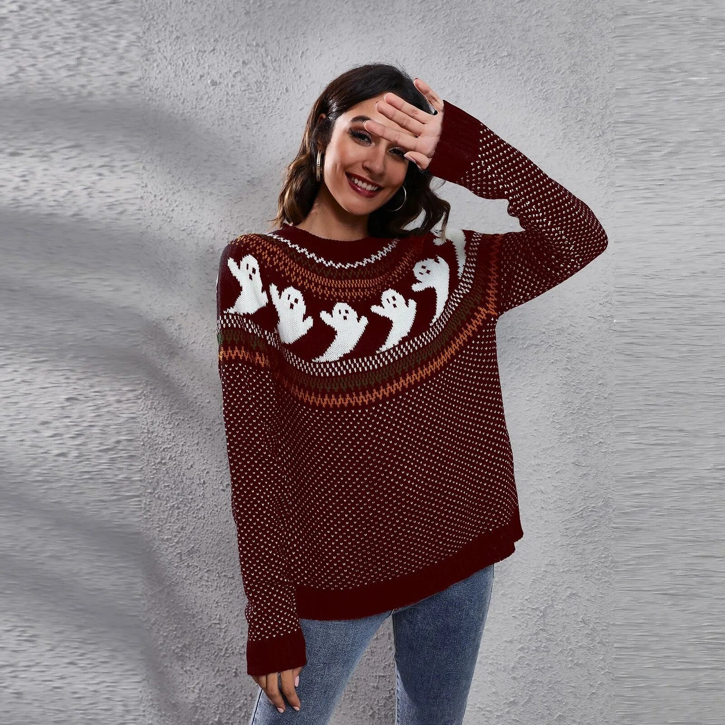 Halloween Ghost Vintage Polka Dot Long Sleeve Knitted  Loose Women's Sweater
