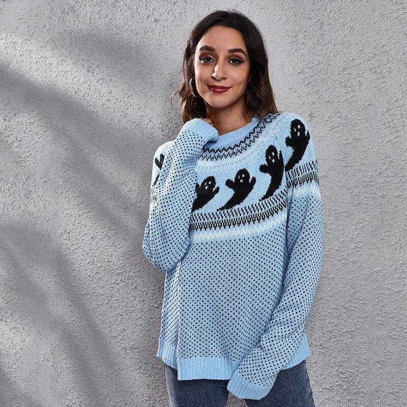 Halloween Ghost Vintage Polka Dot Long Sleeve Knitted  Loose Women's Sweater