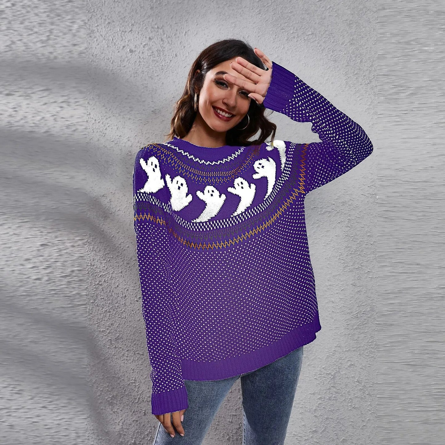 Halloween Ghost Vintage Polka Dot Long Sleeve Knitted  Loose Women's Sweater