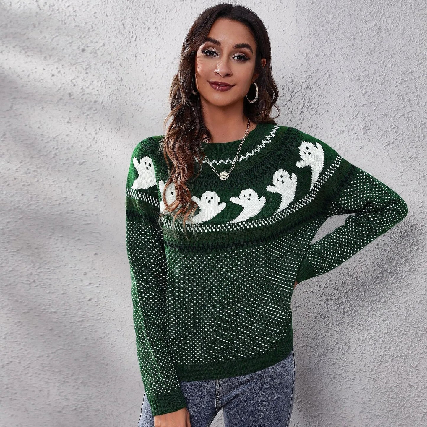 Halloween Ghost Vintage Polka Dot Long Sleeve Knitted  Loose Women's Sweater