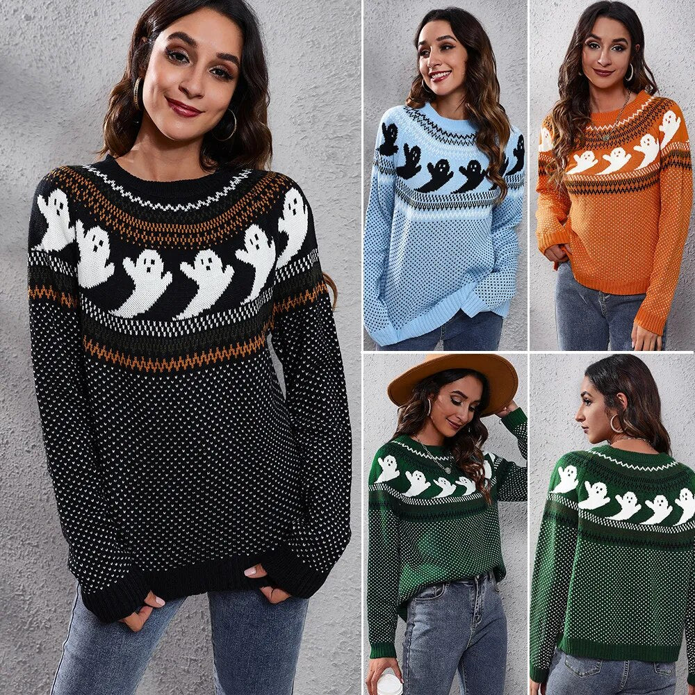 Halloween Ghost Vintage Polka Dot Long Sleeve Knitted  Loose Women's Sweater