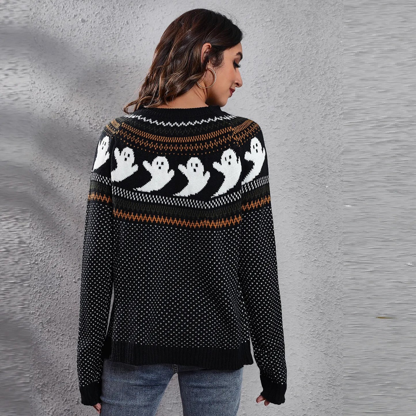 Halloween Ghost Vintage Polka Dot Long Sleeve Knitted  Loose Women's Sweater