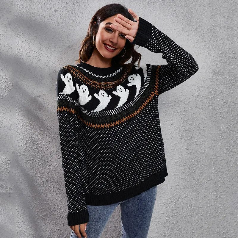 Halloween Ghost Vintage Polka Dot Long Sleeve Knitted  Loose Women's Sweater