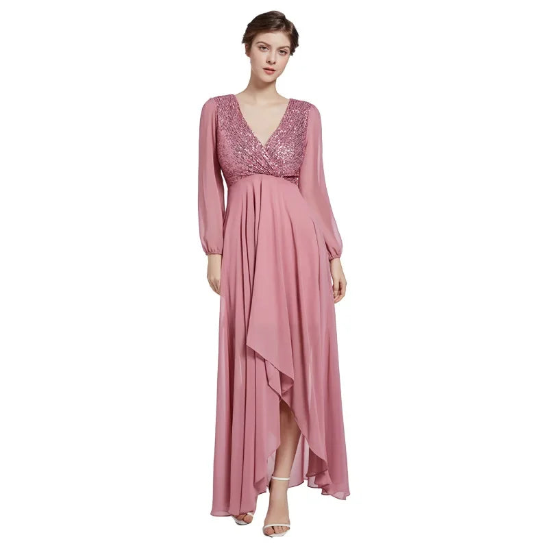Long Sleeves Sequined V-neck High Low Chiffon Bridesmaid Formal Evening Dress