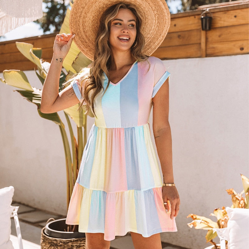Multicolor Striped Color Block Tiered Mini Dress