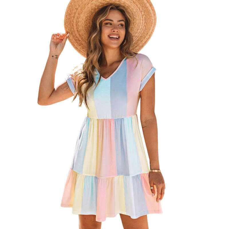 Multicolor Striped Color Block Tiered Mini Dress