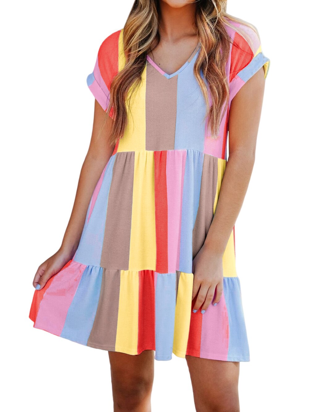 Multicolor Striped Color Block Tiered Mini Dress