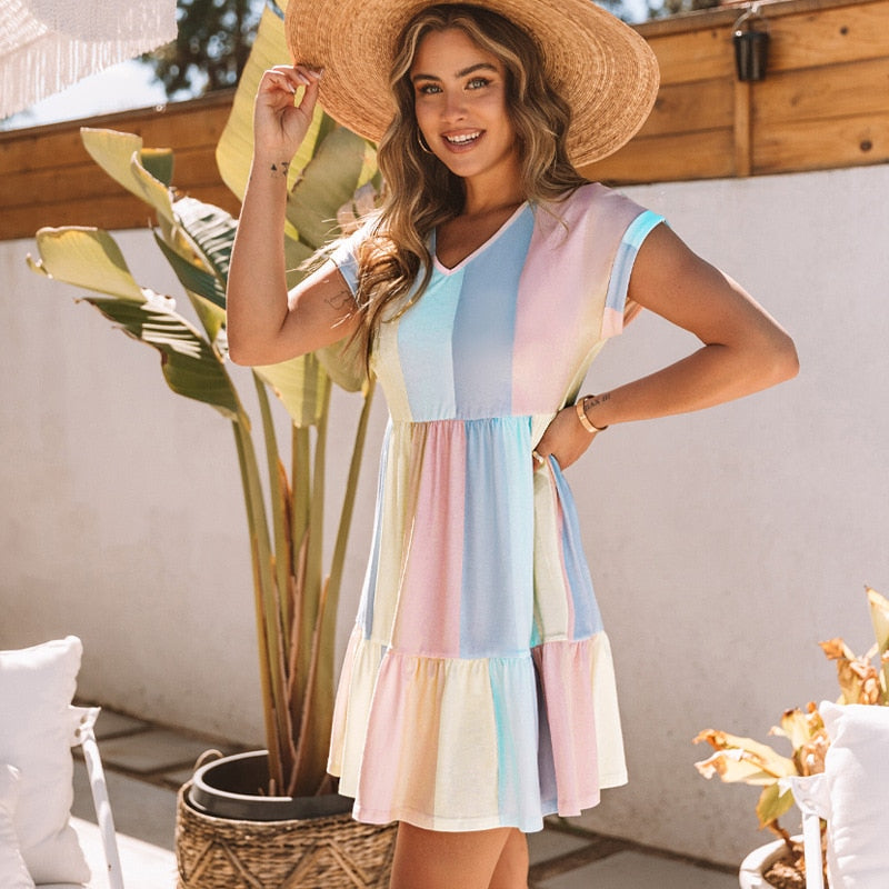 Multicolor Striped Color Block Tiered Mini Dress