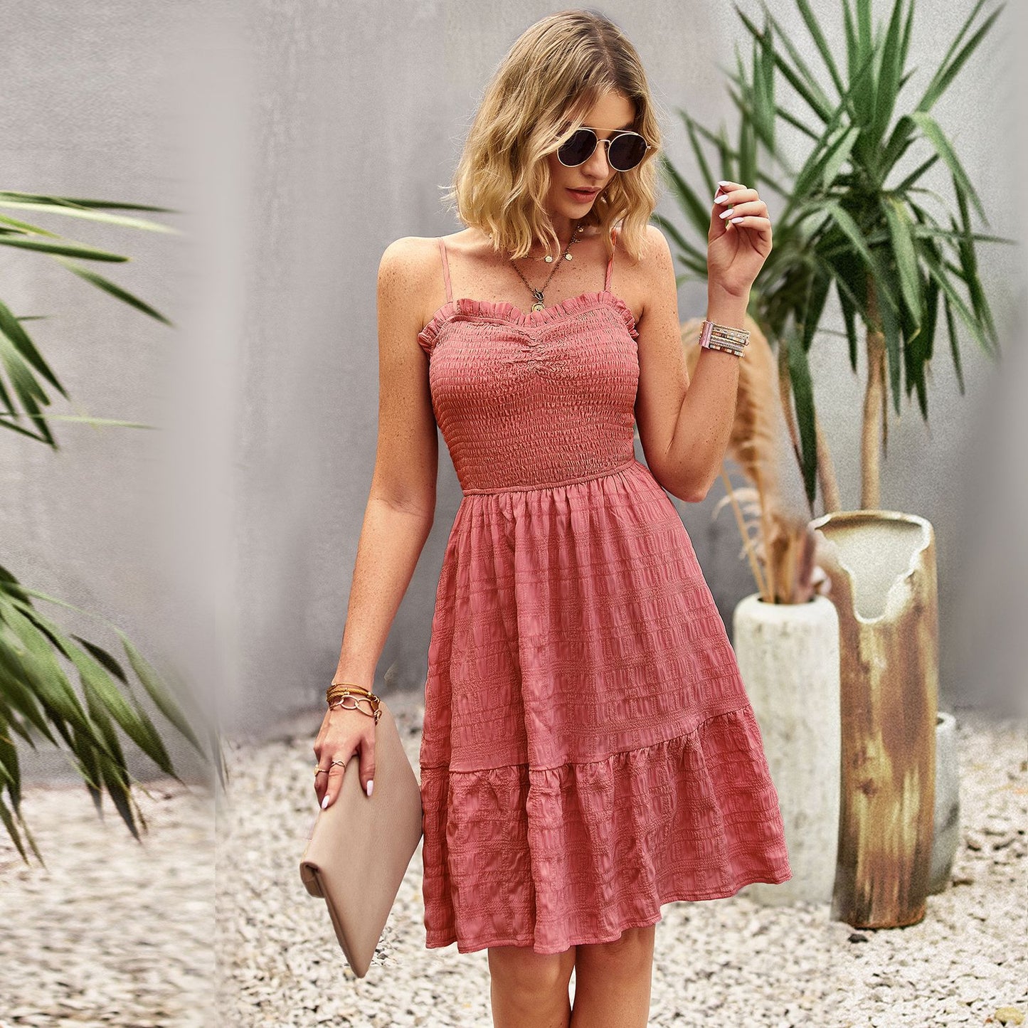 2023 Solid Color Spaghetti Straps Large Swing Mid Sweet Dress