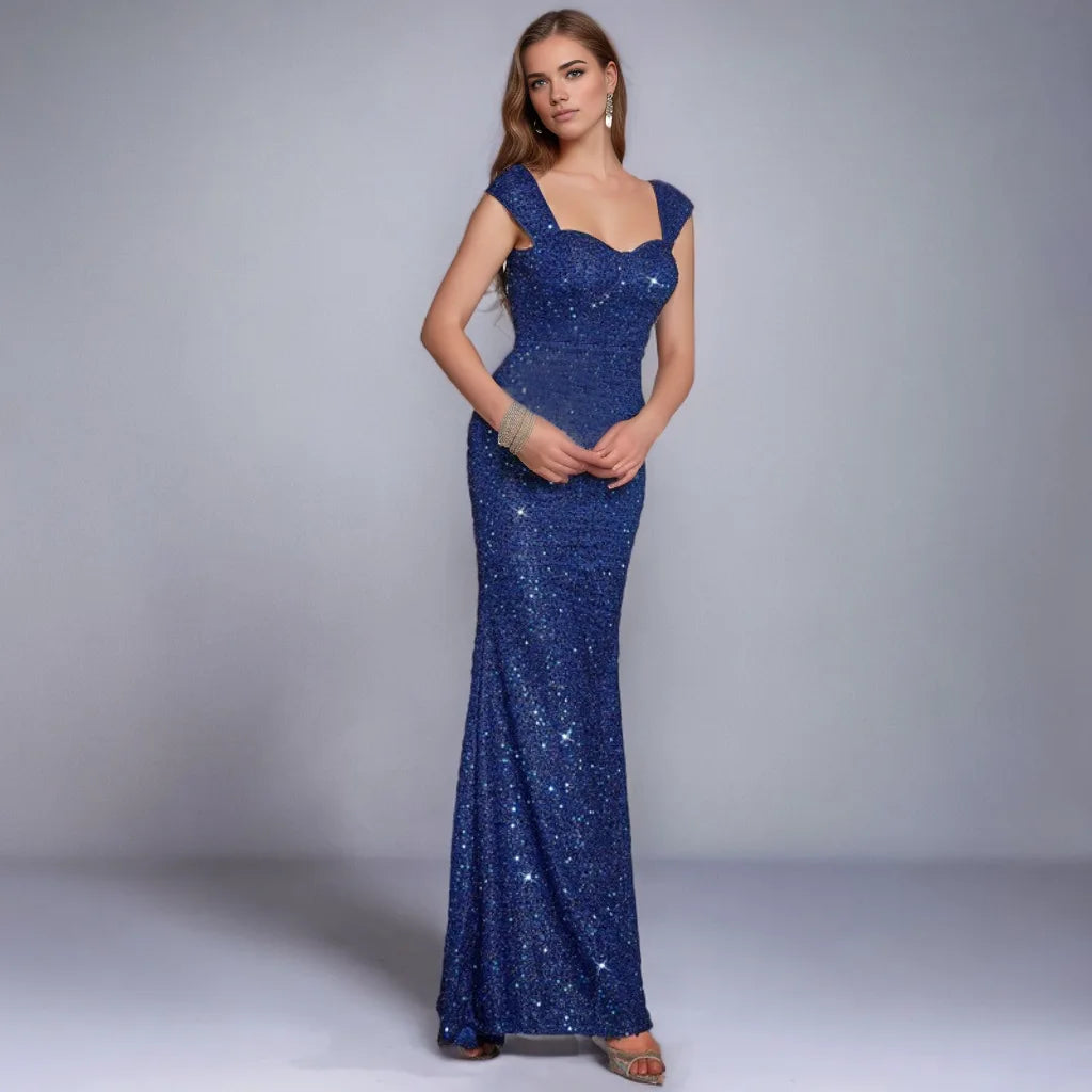 Solid Color V-neck Sequined Mermaid Long Formal Evening Dress