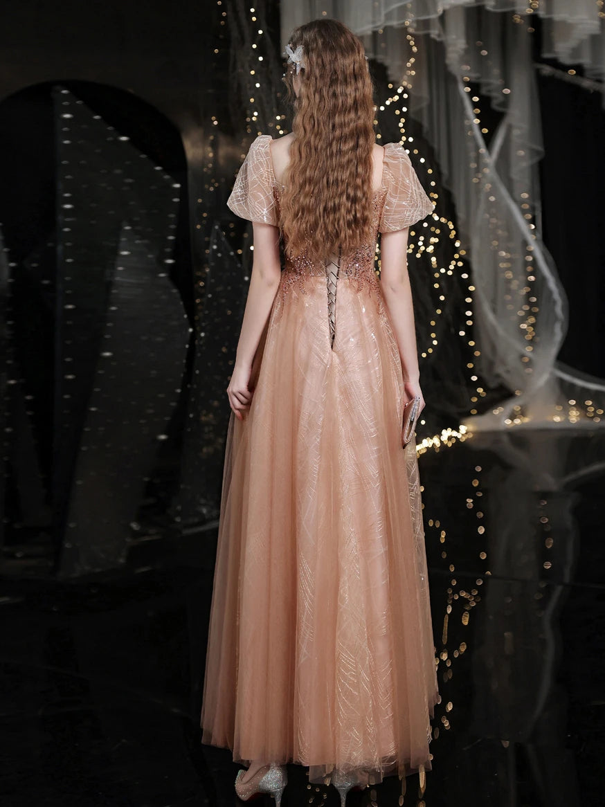 Gorgeous Puff Sleeves Square Neck Embroidery Sequined Beading Long Formal Evening Dress