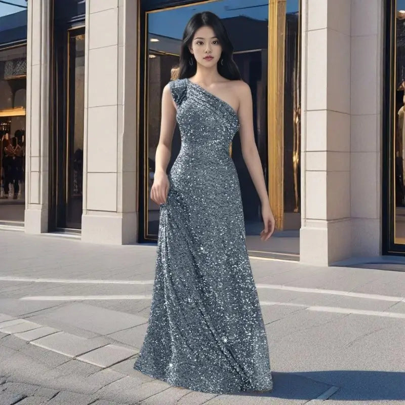 2024 Sequined One Shoulder Long Formal Evening Dress Silver