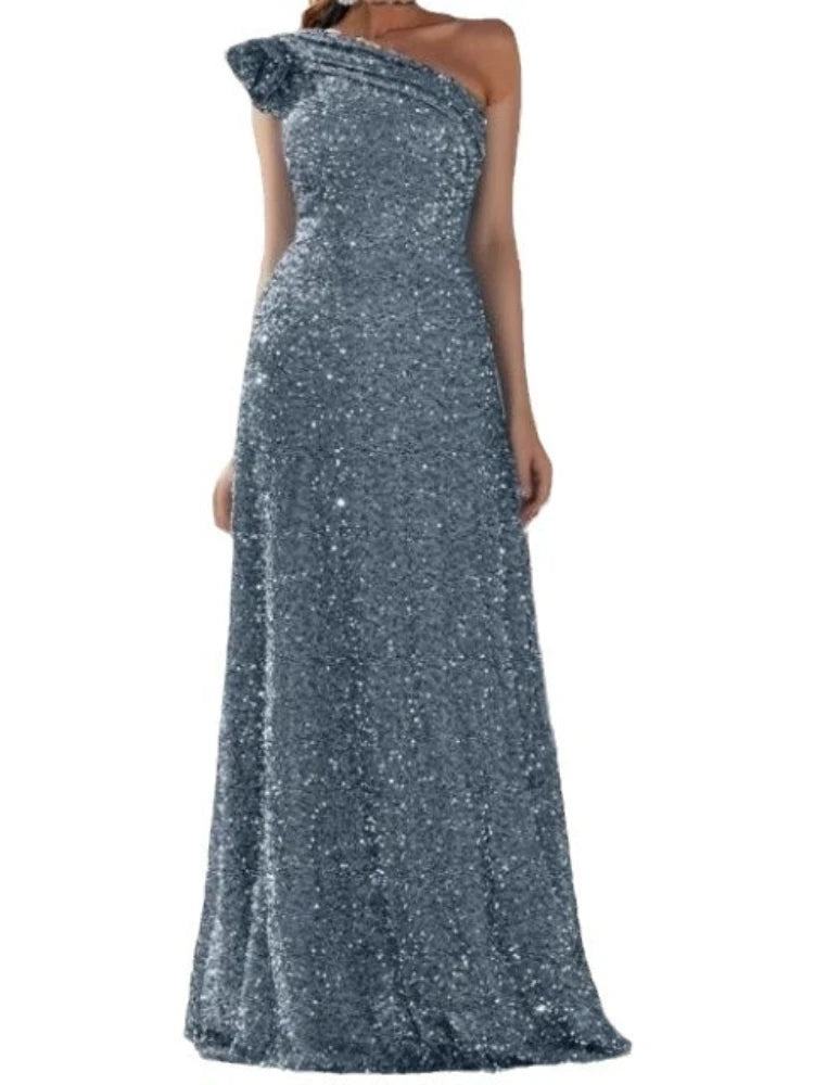 2024 Sequined One Shoulder Long Formal Evening Dress Silver