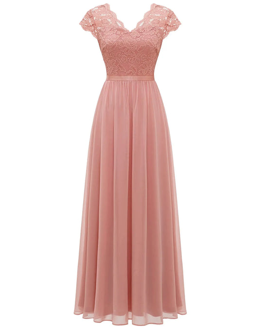 Lace Edge Splicing Chiffon Double V-neck Long Formal Evening Dress