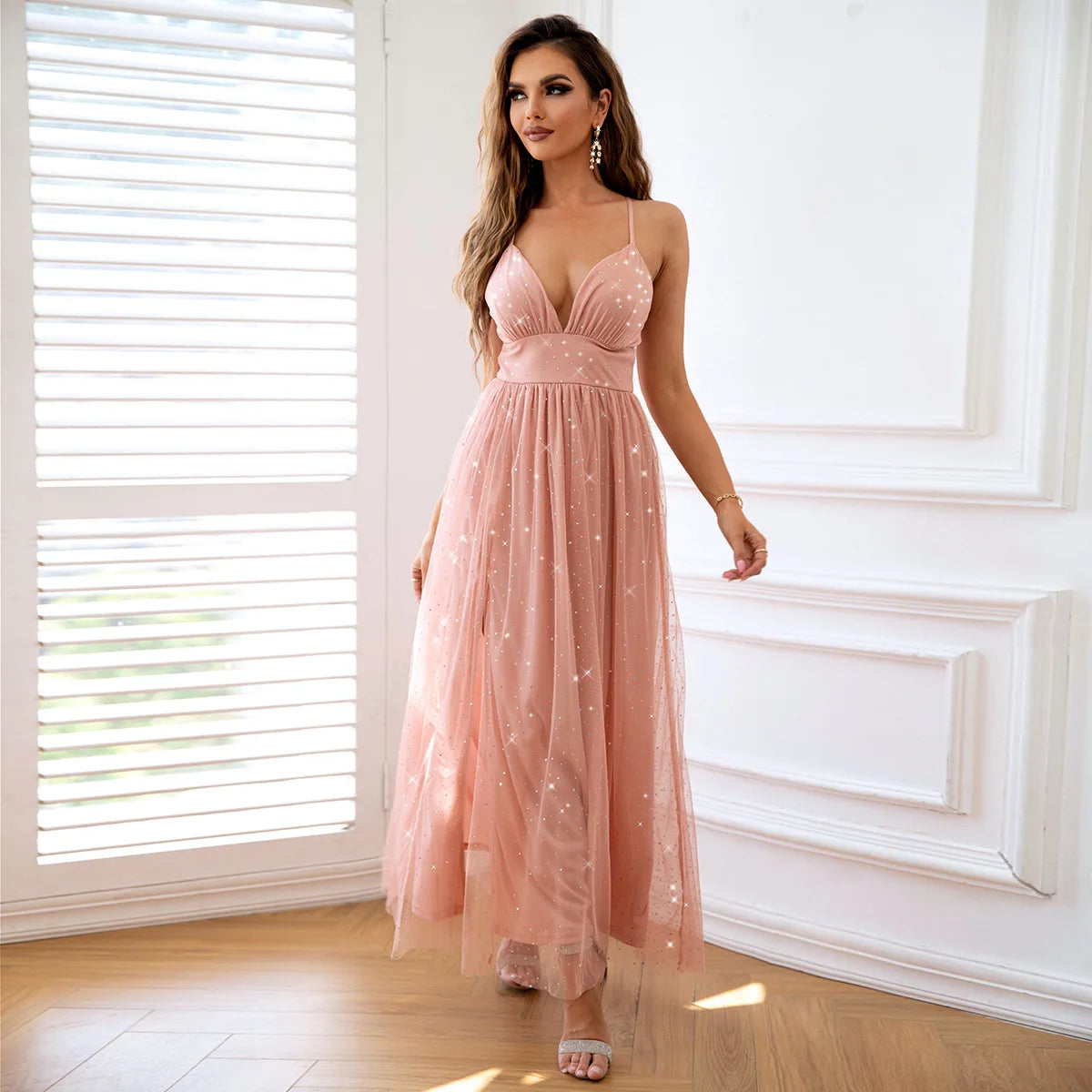 Sexy V-neck Open Back Spaghetti Straps Long Shining Formal Evening Dress Pink