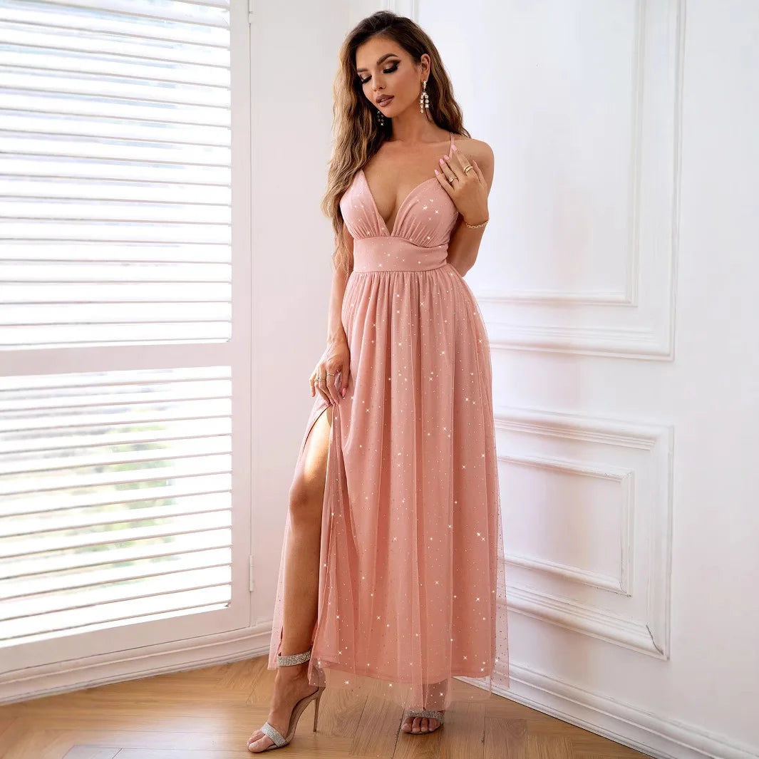 Sexy V-neck Open Back Spaghetti Straps Long Shining Formal Evening Dress Pink
