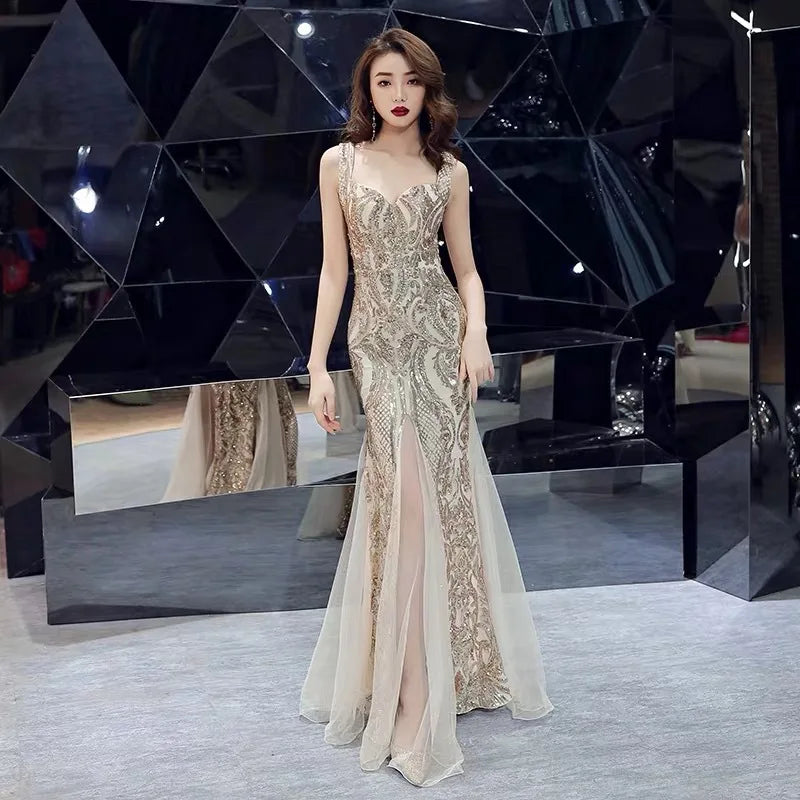 Sexy Gorgeous V-neck Spaghetti Straps Sequined Mermaid Long Formal Evening Dress