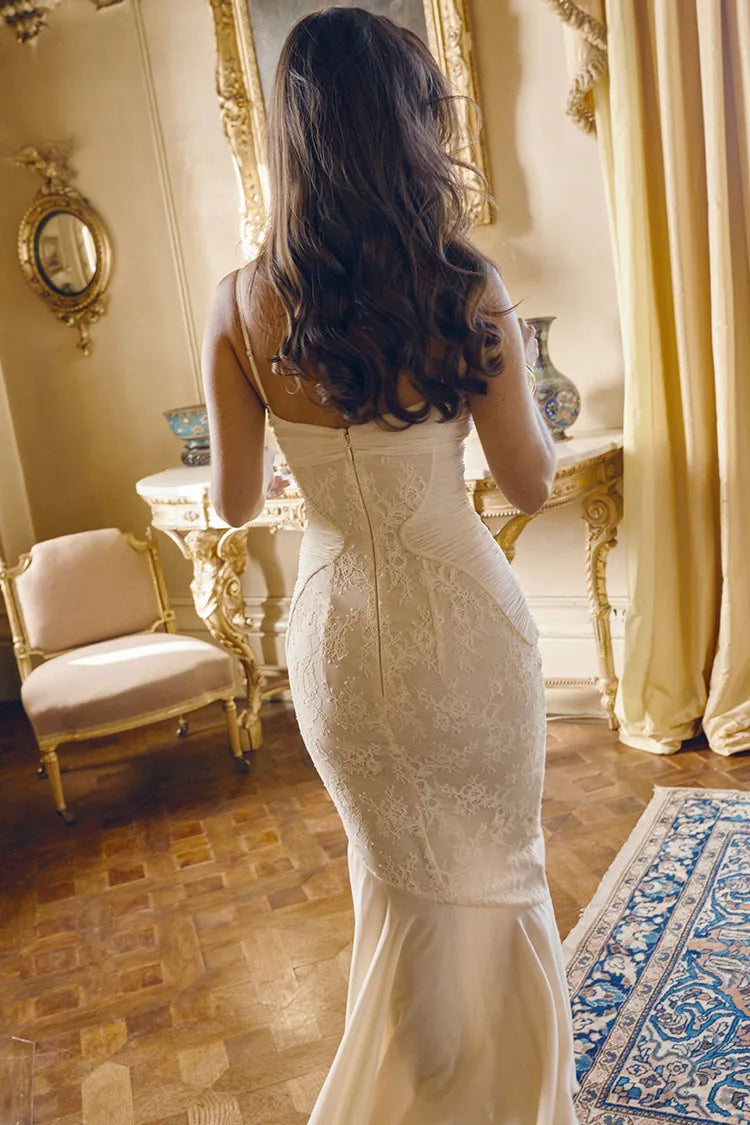 Sexy Sleeveless Backless Spaghetti Straps Mesh Embroidered Mermaid Apricot Dress Long