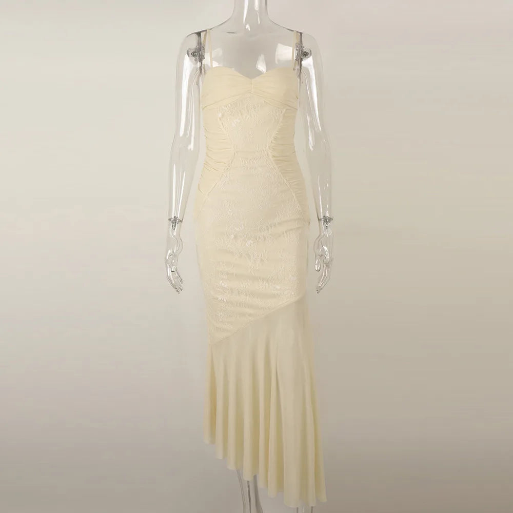 Sexy Sleeveless Backless Spaghetti Straps Mesh Embroidered Mermaid Apricot Dress Long