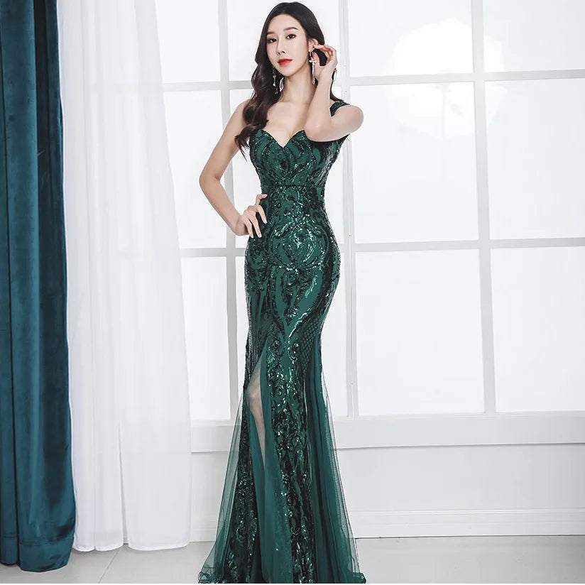Sexy Gorgeous V-neck Spaghetti Straps Sequined Mermaid Long Formal Evening Dress