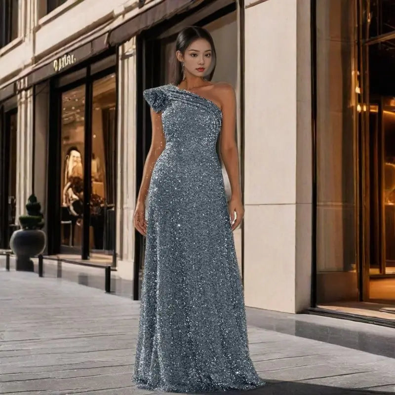 2024 Sequined One Shoulder Long Formal Evening Dress Silver