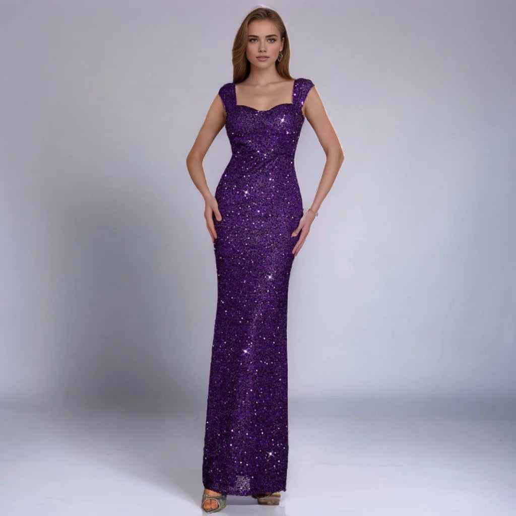 Solid Color V-neck Sequined Mermaid Long Formal Evening Dress