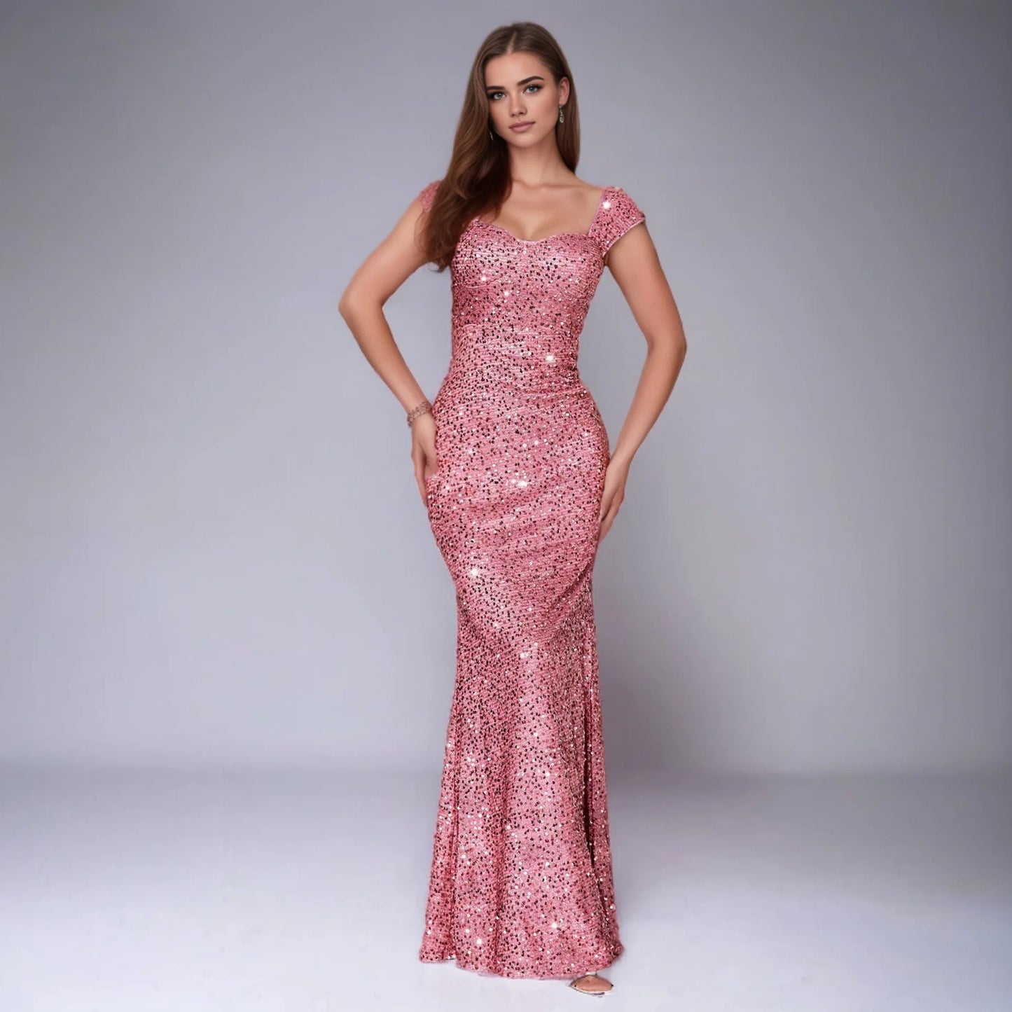 Solid Color V-neck Sequined Mermaid Long Formal Evening Dress