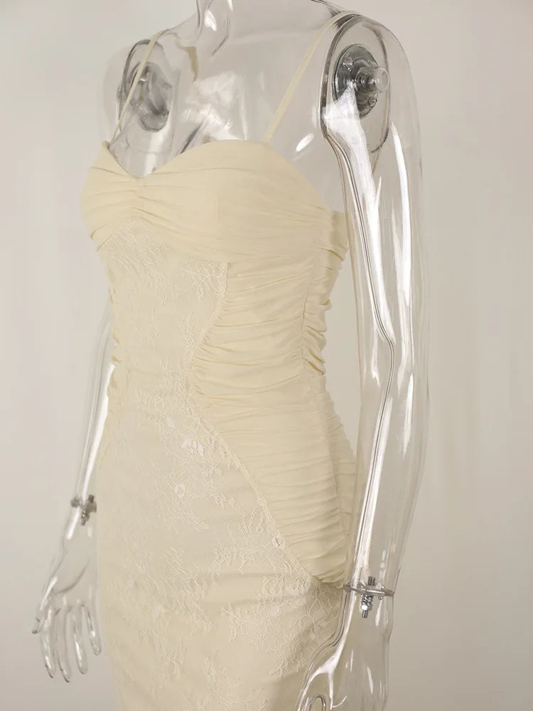 Sexy Sleeveless Backless Spaghetti Straps Mesh Embroidered Mermaid Apricot Dress Long