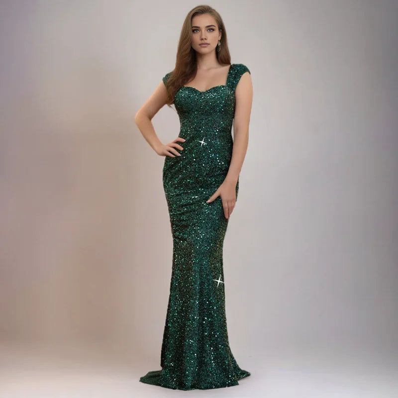 Solid Color V-neck Sequined Mermaid Long Formal Evening Dress
