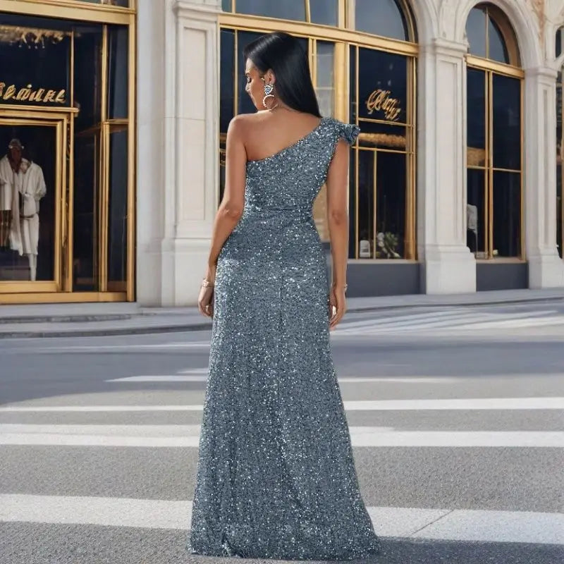 2024 Sequined One Shoulder Long Formal Evening Dress Silver