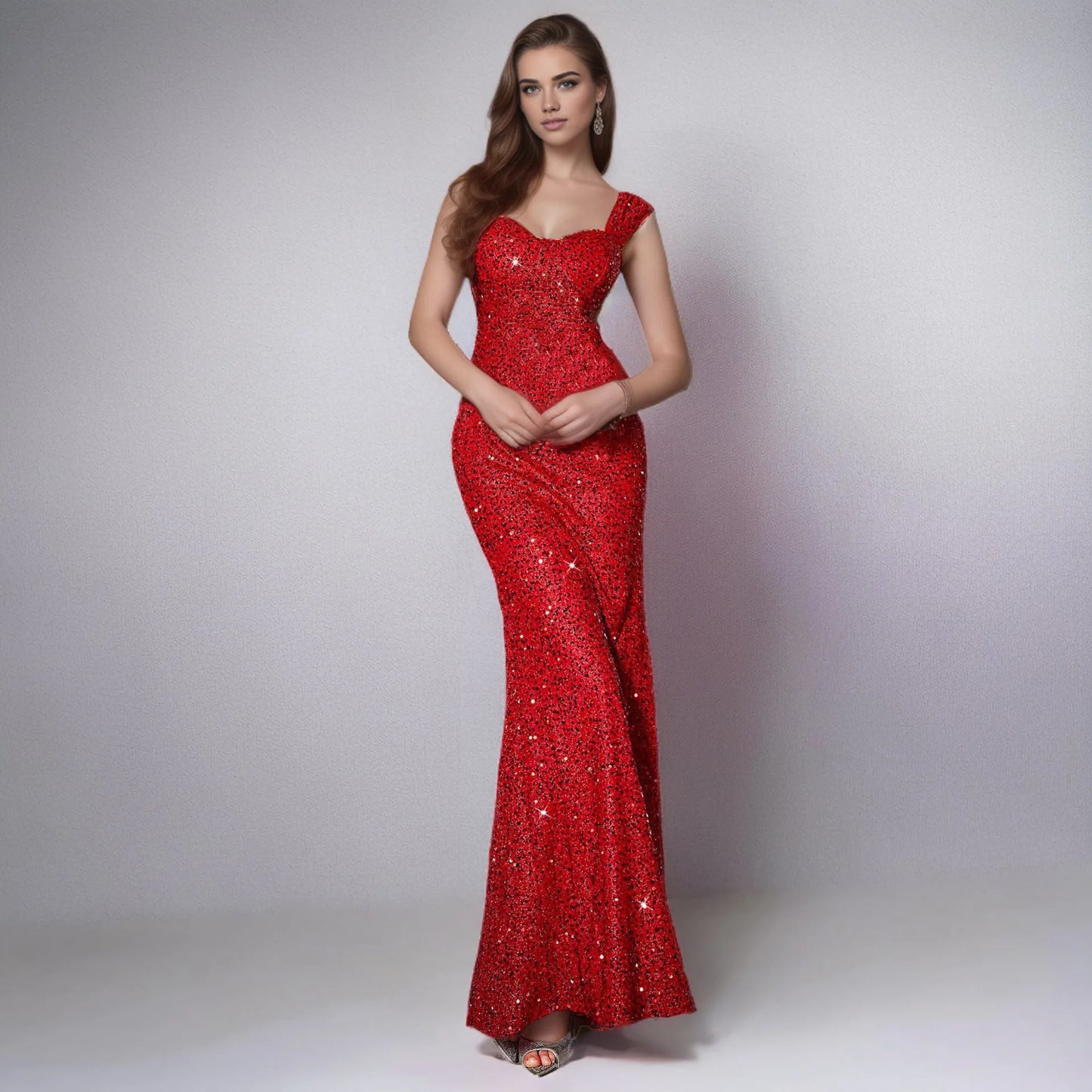 Solid Color V-neck Sequined Mermaid Long Formal Evening Dress