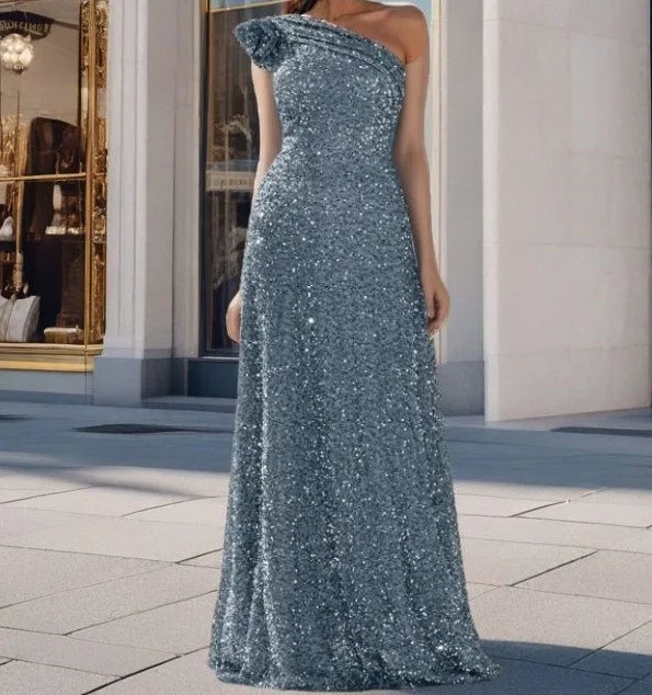 2024 Sequined One Shoulder Long Formal Evening Dress Silver