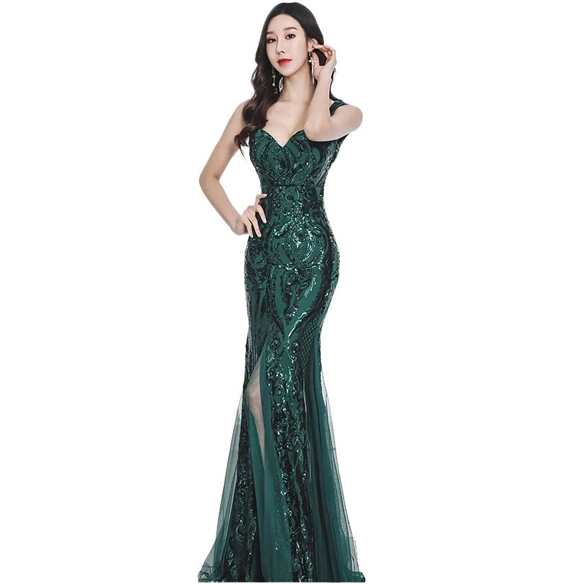 Sexy Gorgeous V-neck Spaghetti Straps Sequined Mermaid Long Formal Evening Dress