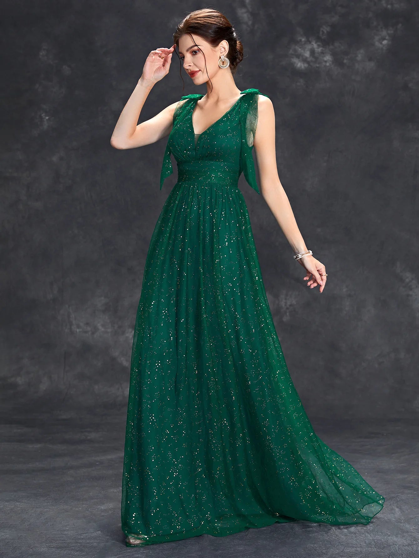 Gold Sequins New Women's Bow Elegant V-neck Bridesmaid Formal Dress