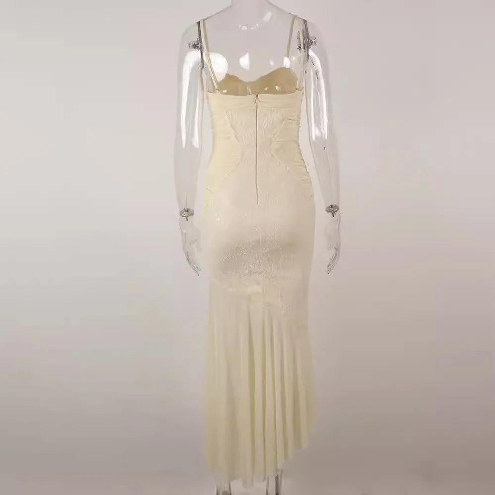 Sexy Sleeveless Backless Spaghetti Straps Mesh Embroidered Mermaid Apricot Dress Long