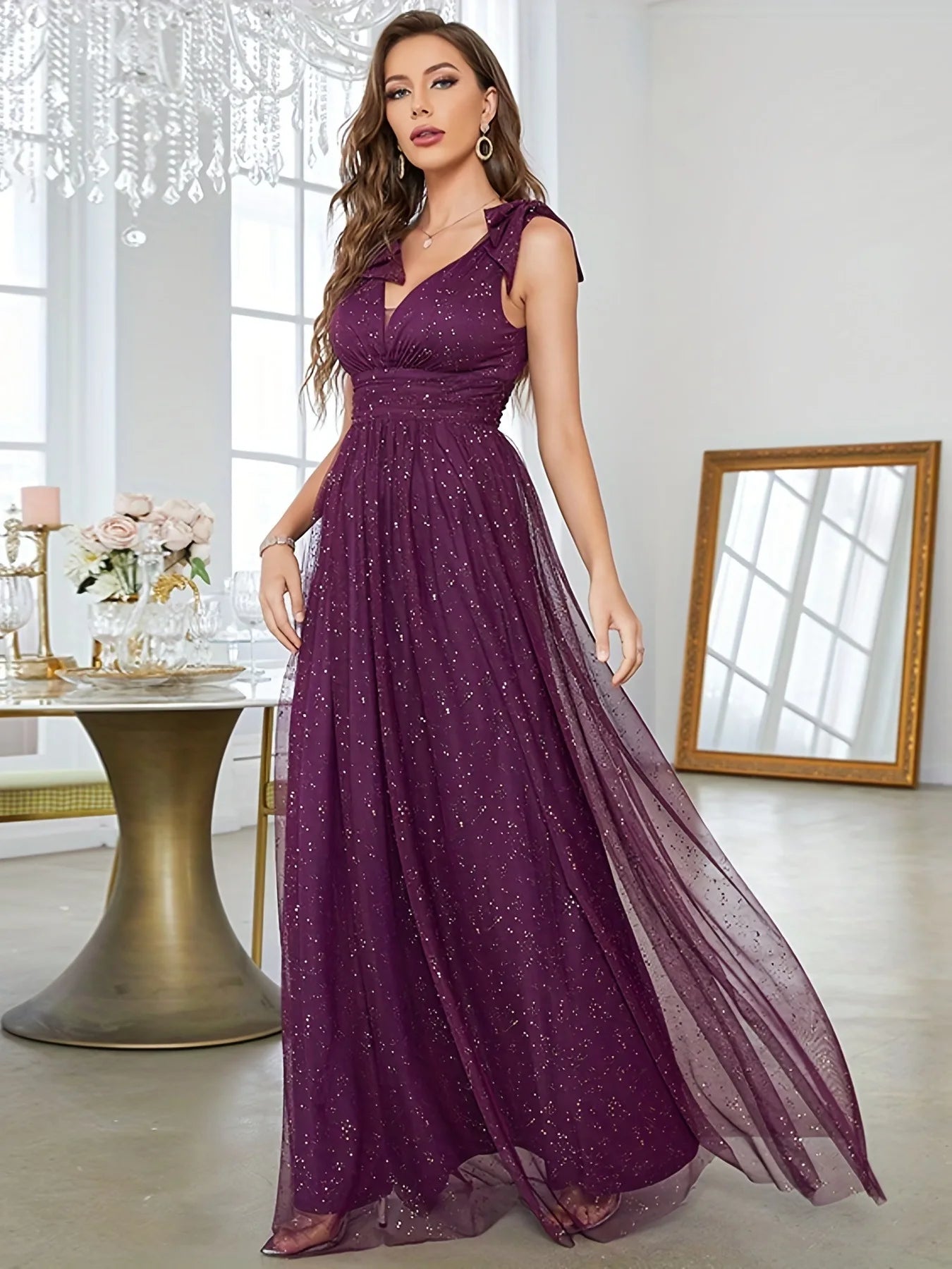 Gold Sequins New Women's Bow Elegant V-neck Bridesmaid Formal Dress