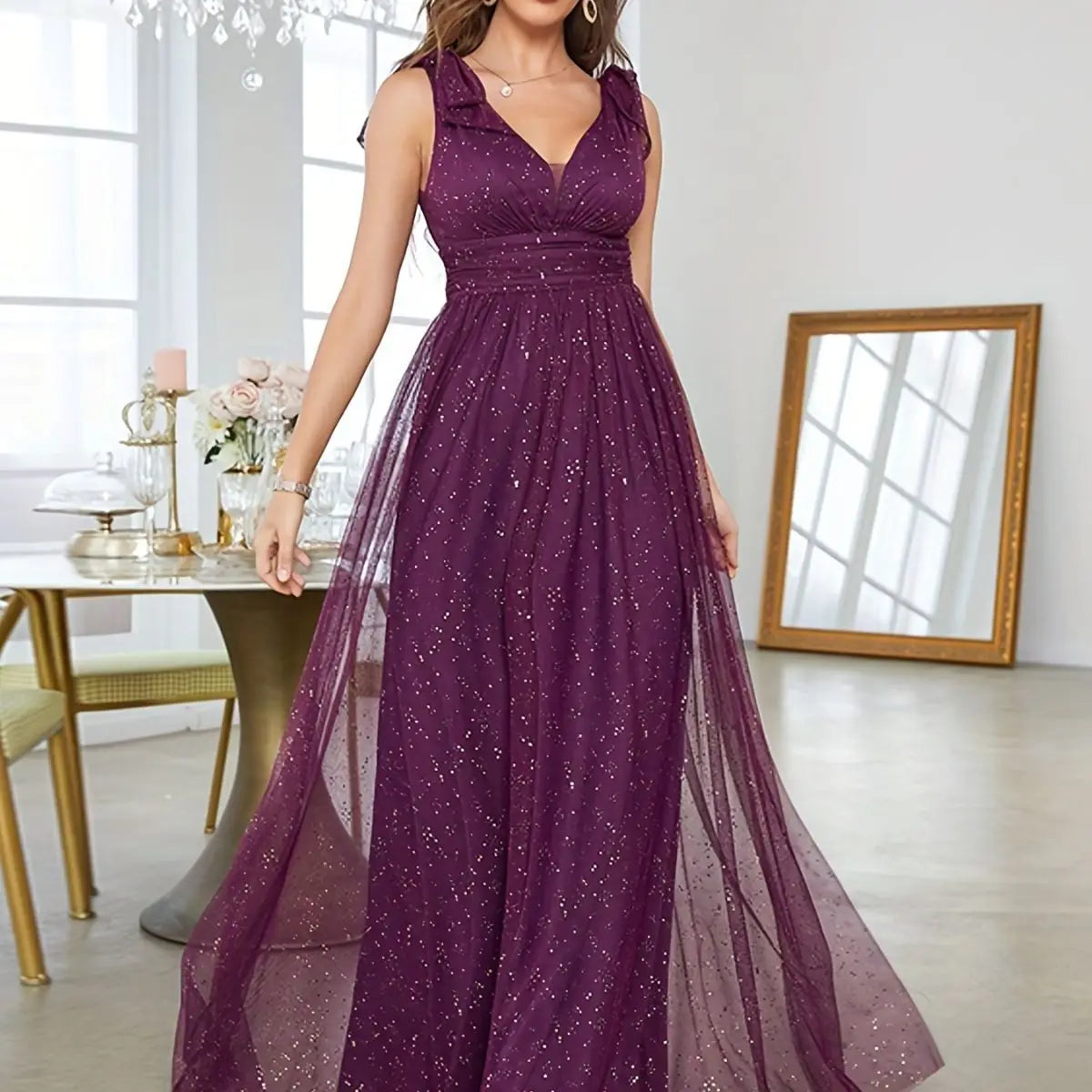 Gold Sequins New Women's Bow Elegant V-neck Bridesmaid Formal Dress