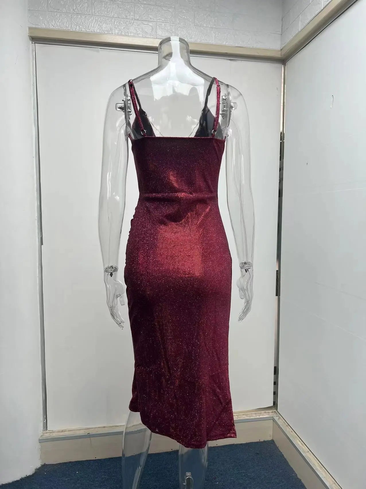 Sexy Glitter Open Back Spaghetti Straps High Split Deep V-neck Knee Length Club Dress