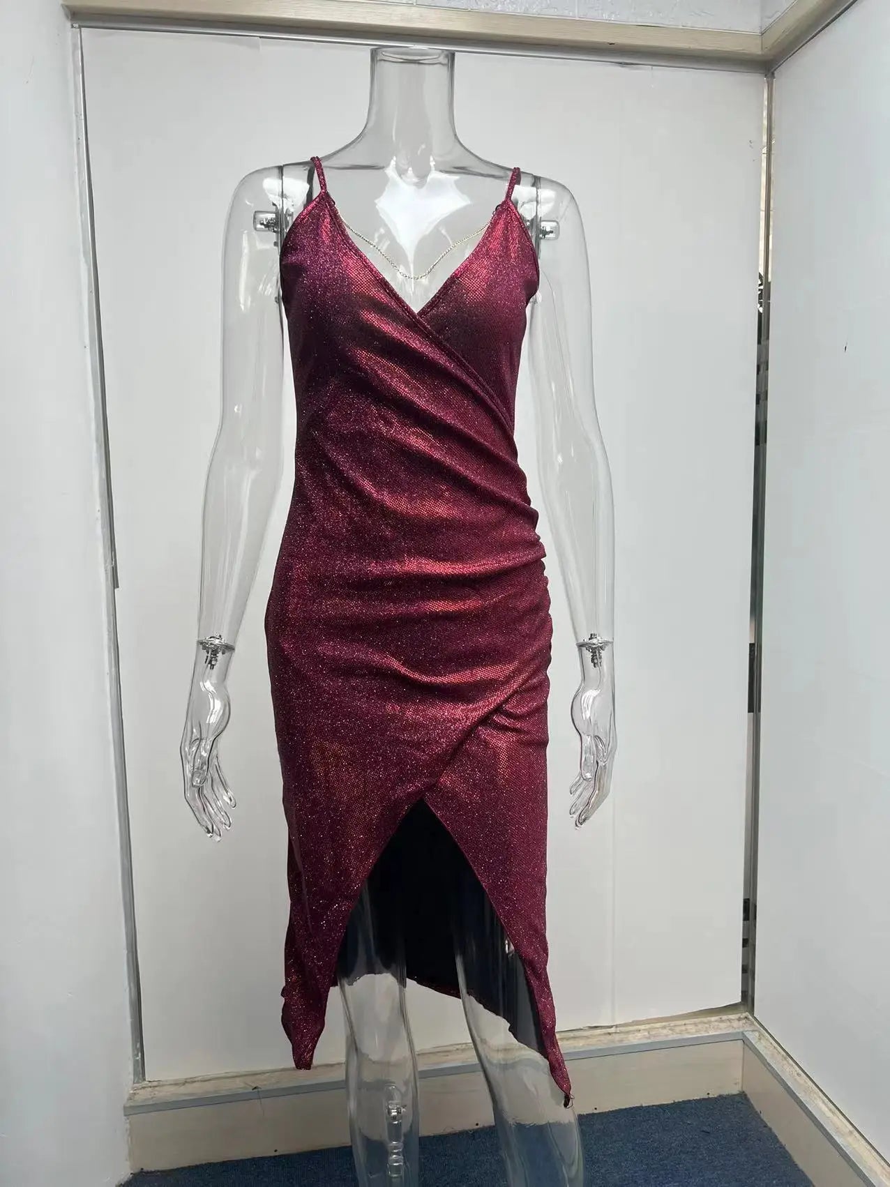Sexy Glitter Open Back Spaghetti Straps High Split Deep V-neck Knee Length Club Dress