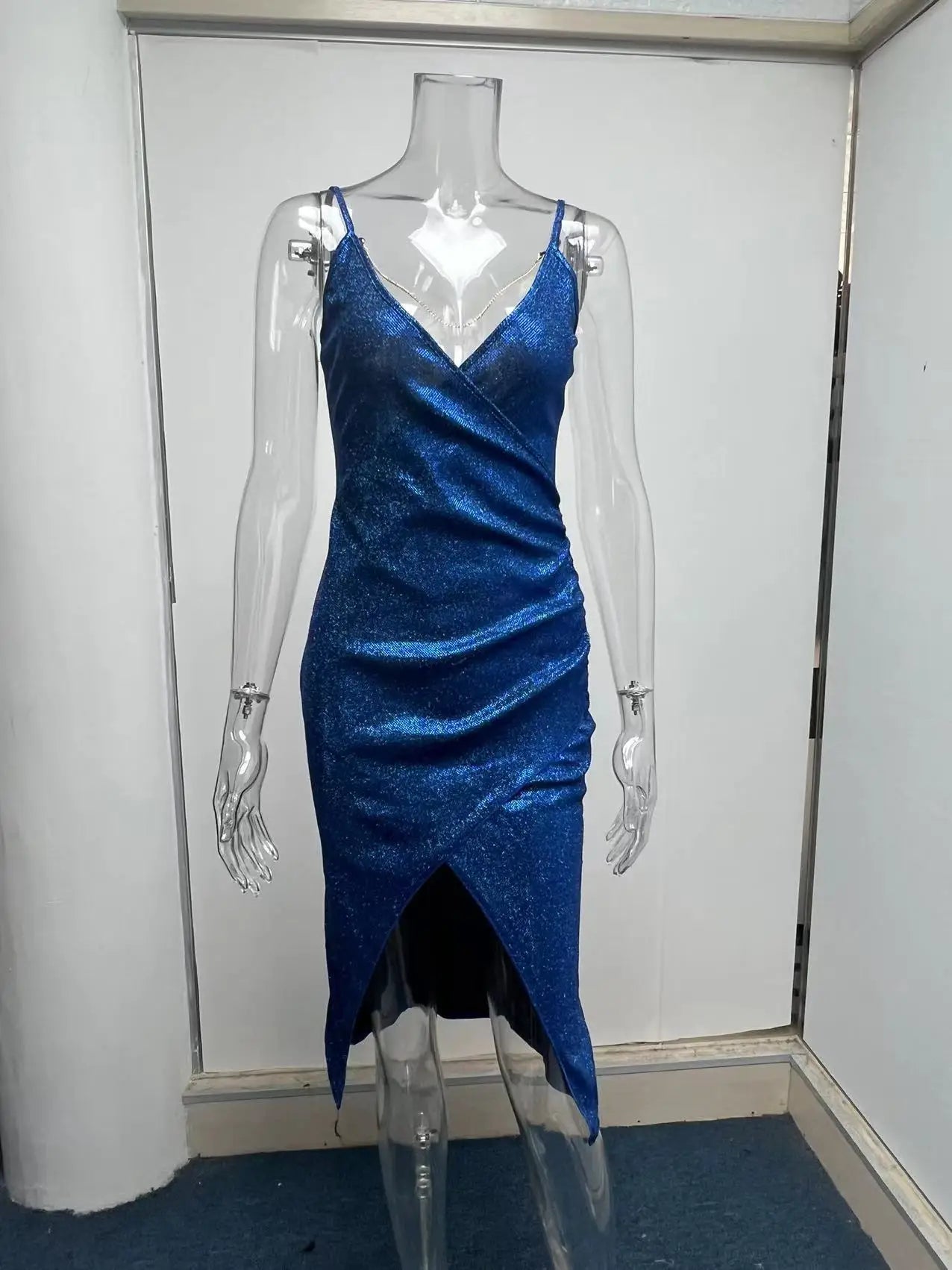 Sexy Glitter Open Back Spaghetti Straps High Split Deep V-neck Knee Length Club Dress