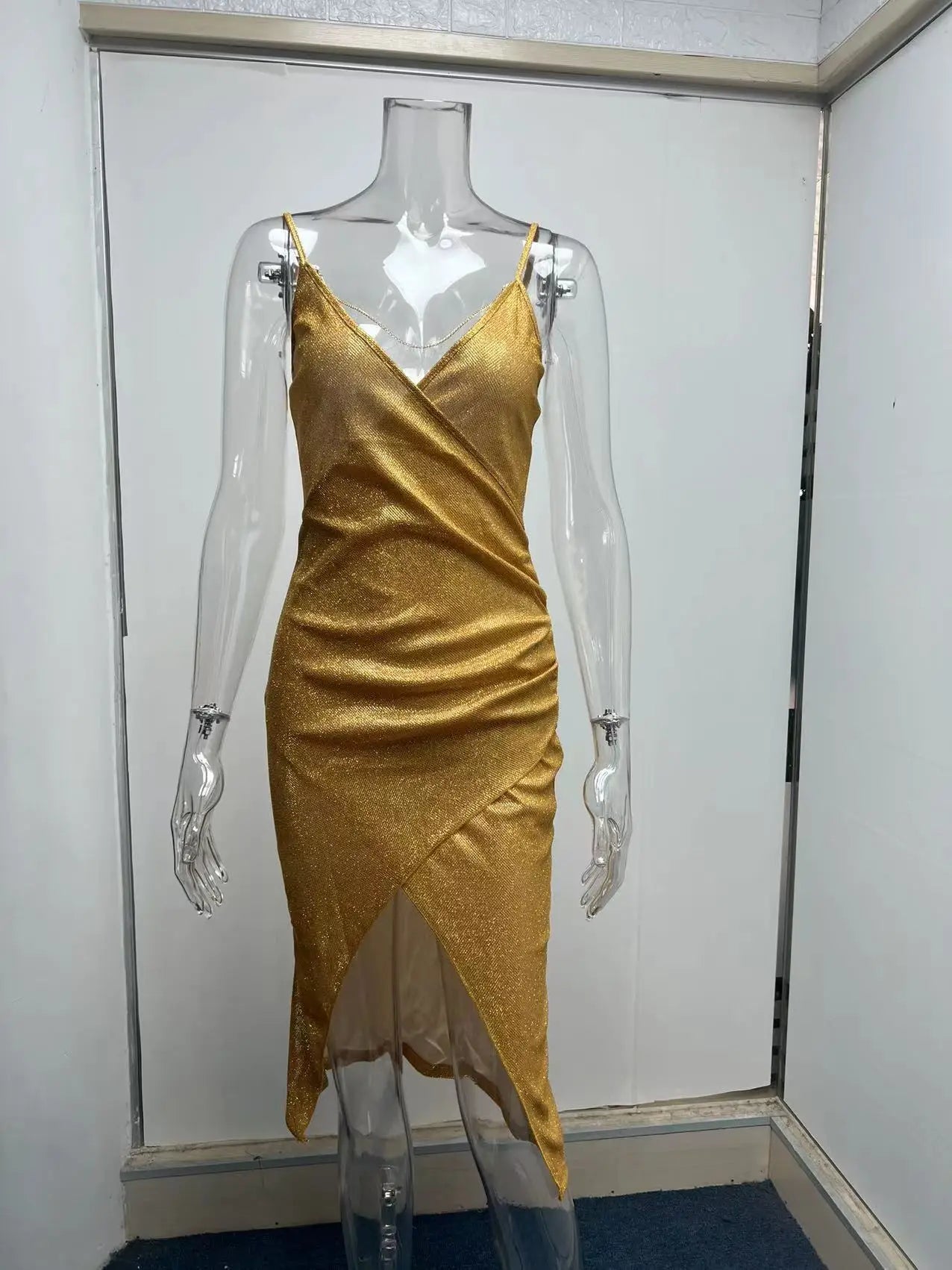 Sexy Glitter Open Back Spaghetti Straps High Split Deep V-neck Knee Length Club Dress