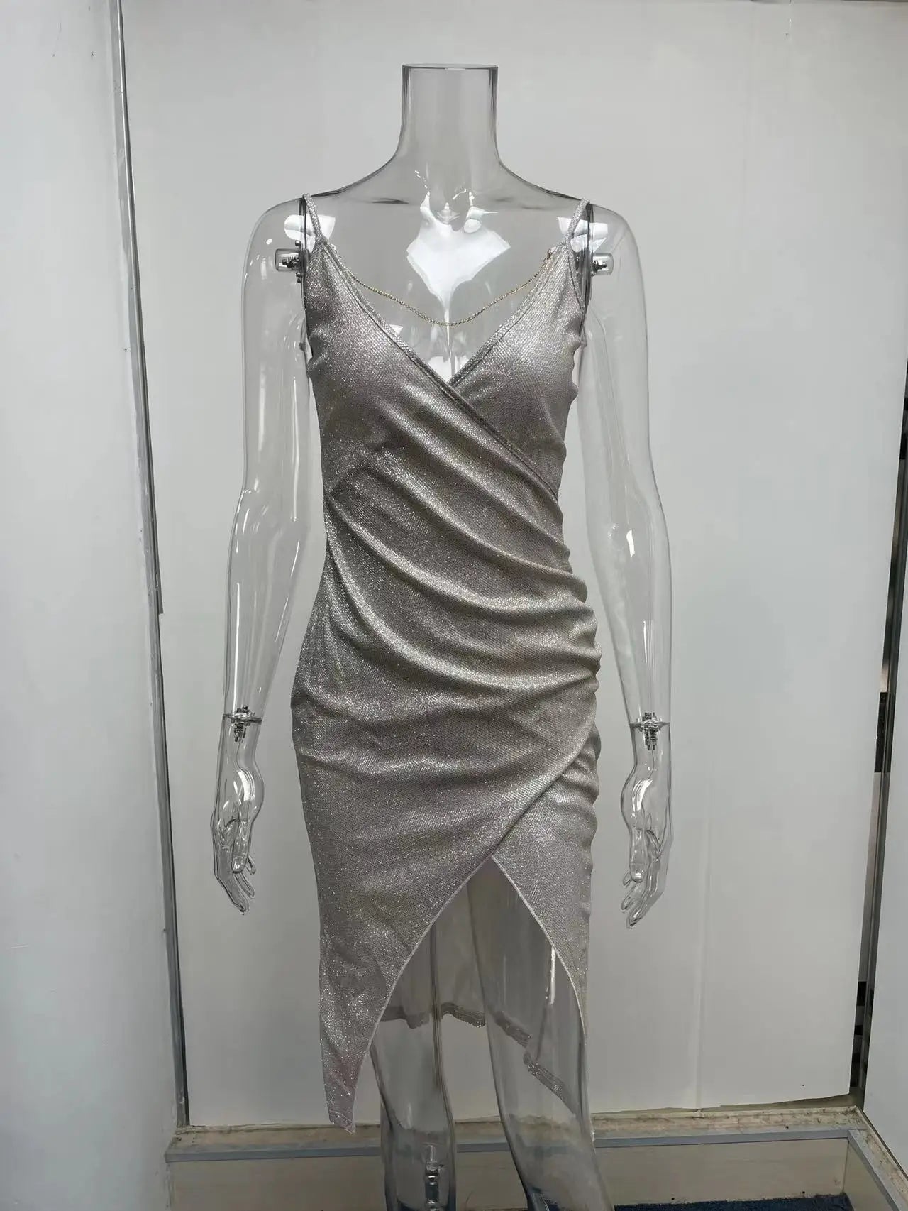 Sexy Glitter Open Back Spaghetti Straps High Split Deep V-neck Knee Length Club Dress