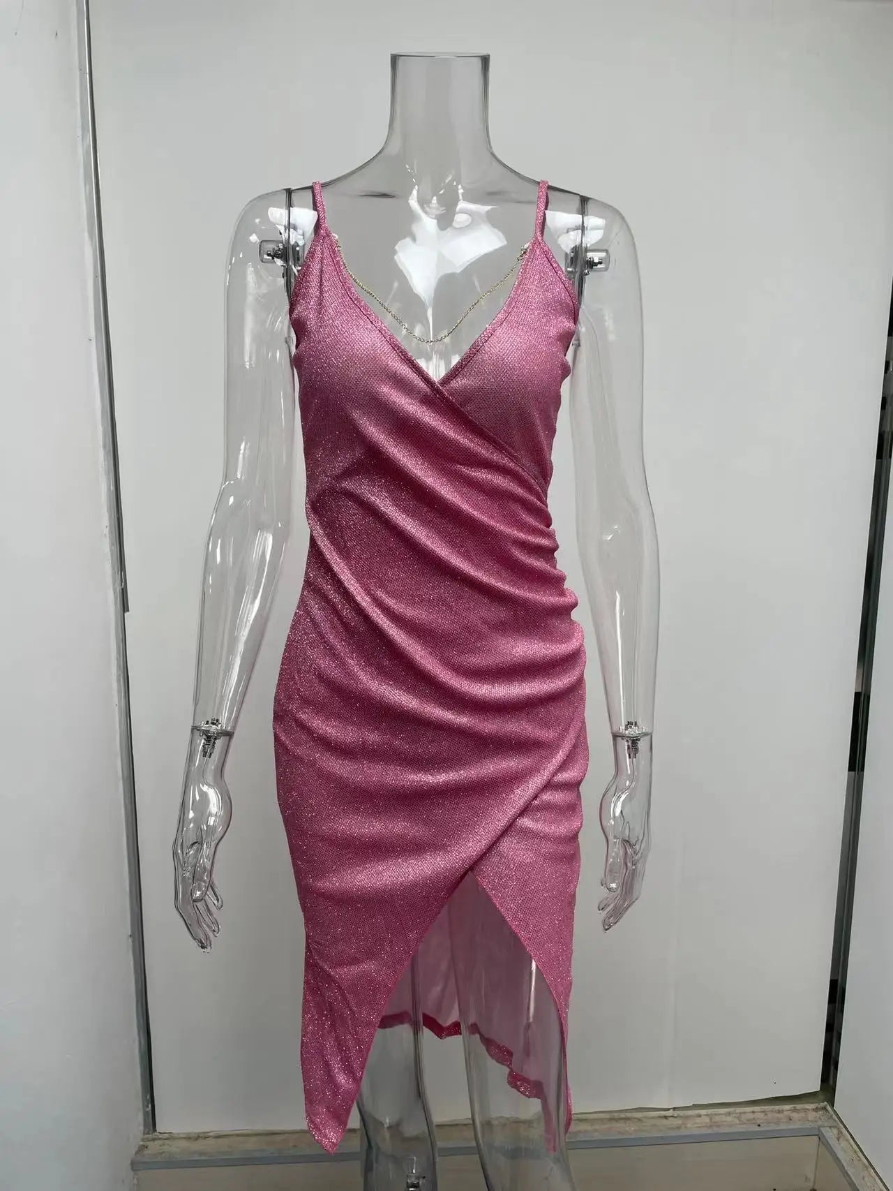 Sexy Glitter Open Back Spaghetti Straps High Split Deep V-neck Knee Length Club Dress