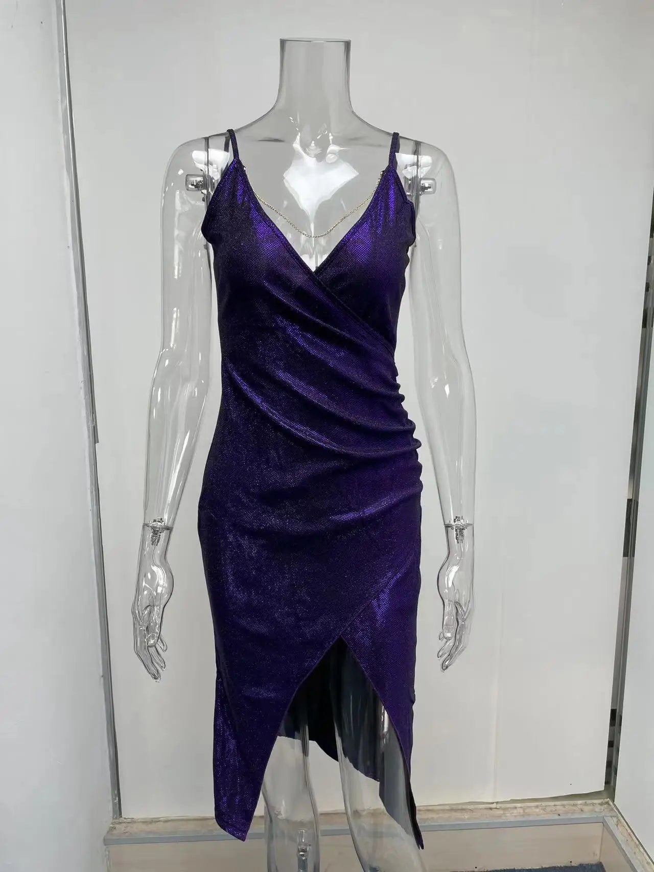 Sexy Glitter Open Back Spaghetti Straps High Split Deep V-neck Knee Length Club Dress